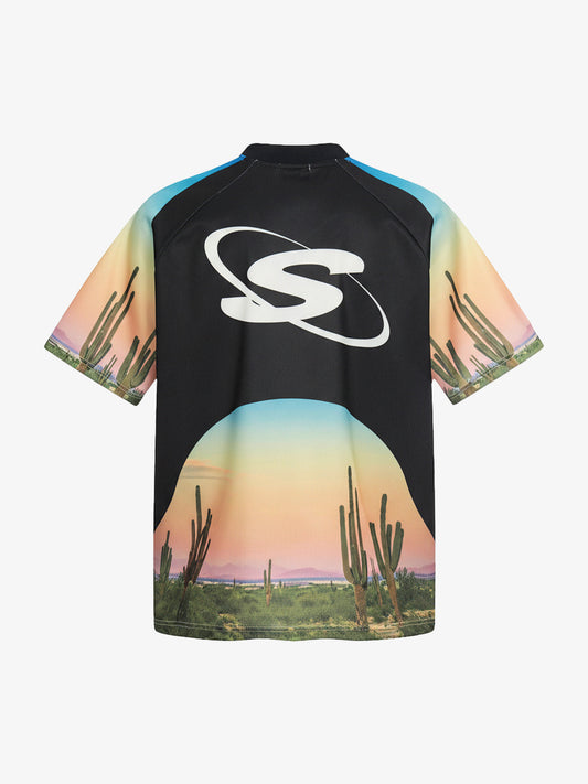 Polyester Desert Print V-Neck T-Shirt with Supermade Logo and Cactus Design 