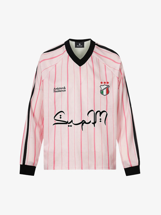 Long-Sleeve Striped Sports Jersey with Bold Arabic Calligraphy Design 