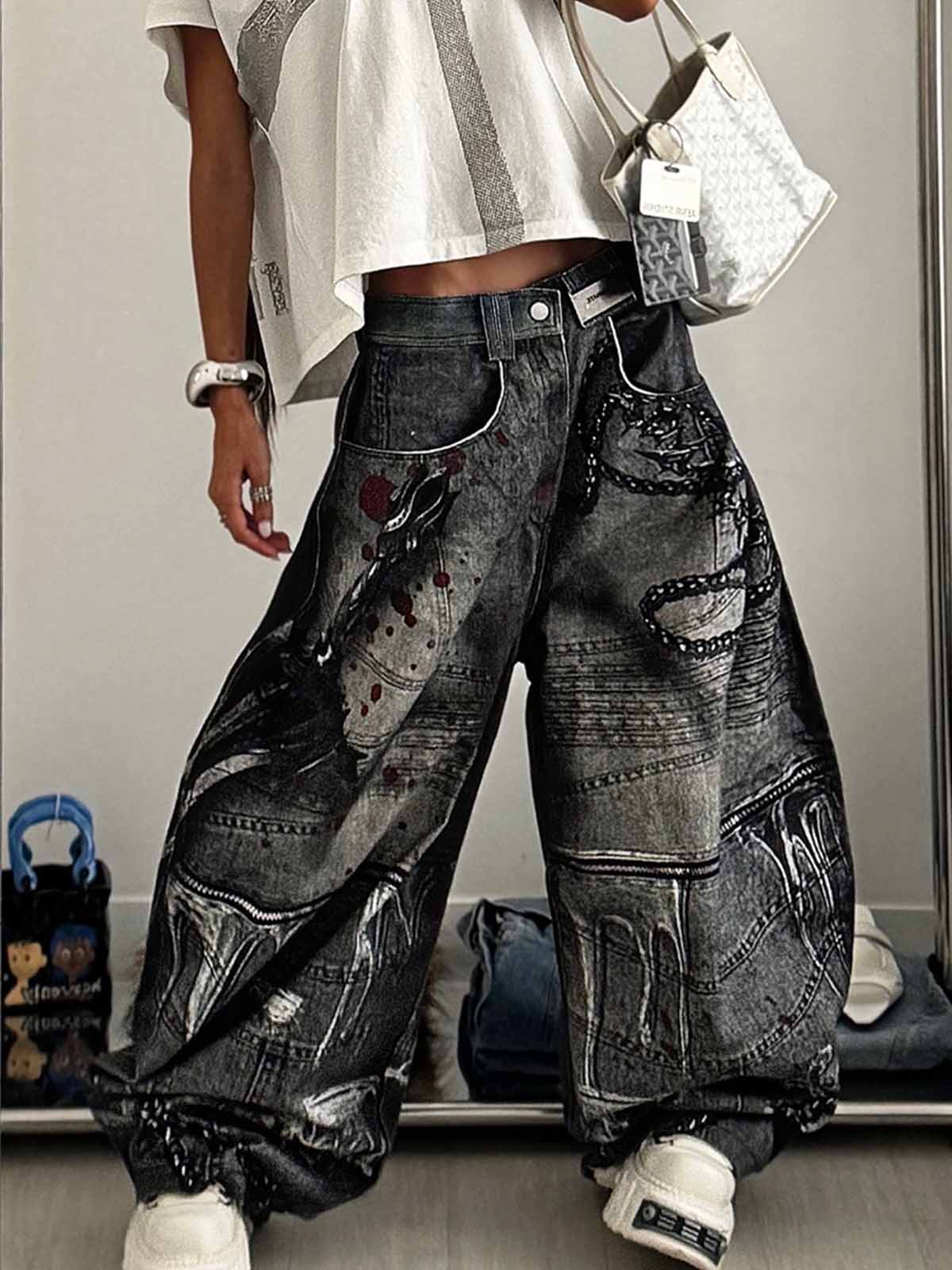 Black Printed Denim Wide-Leg Pants with Gothic Art Design for Men and Women 