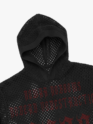 Anti-War Graphic Open-Mesh Knit Boxy Hoodie