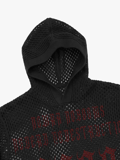 Anti-War Graphic Open-Mesh Knit Boxy Hoodie