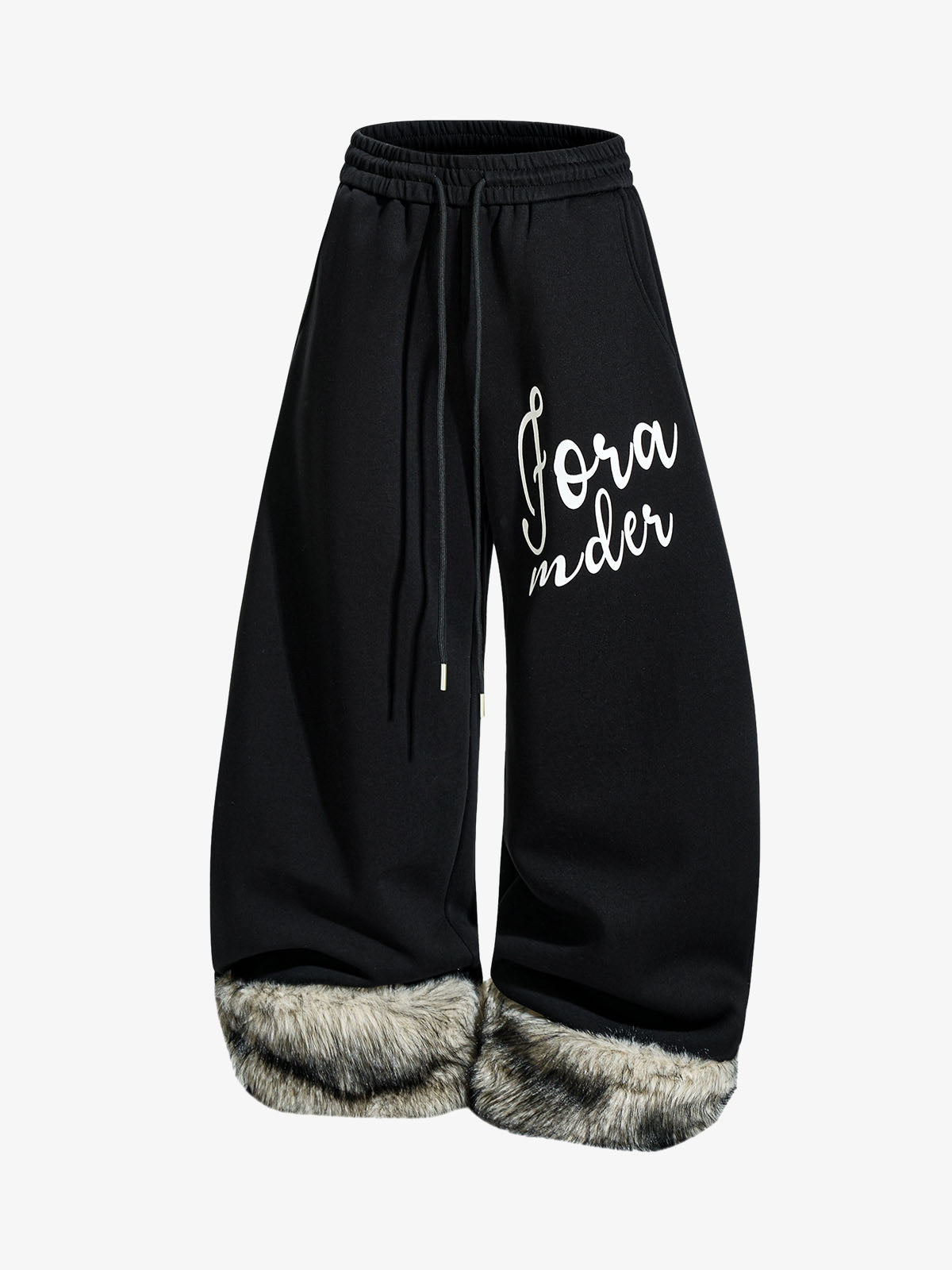 Faux Fur Spliced Hem Wide-Leg Sweatpants 