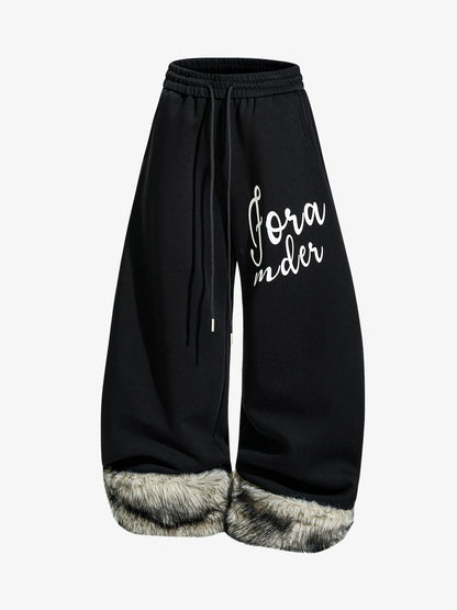 Faux Fur Spliced Hem Wide-Leg Sweatpants 