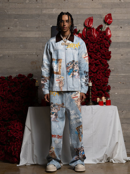 Artistic Denim Jacket and Pants Set - Perfect for Fashion-Forward Streetwear Enthusiasts 