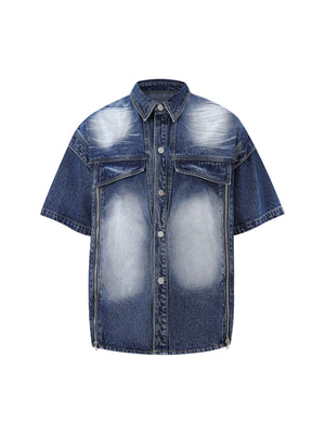 Distressed Washed Workwear Denim Shirt And Jorts Set 