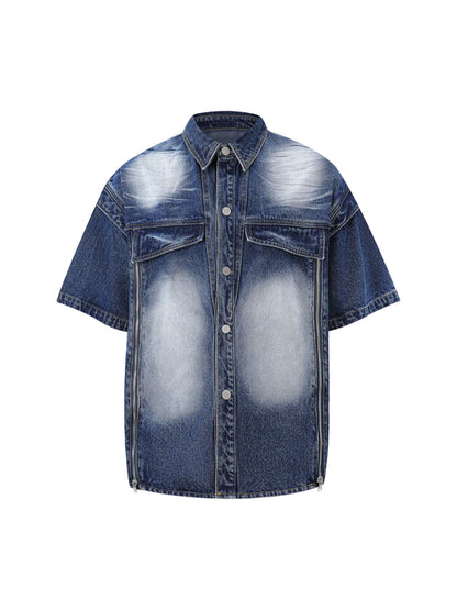 Distressed Washed Workwear Denim Shirt And Jorts Set 
