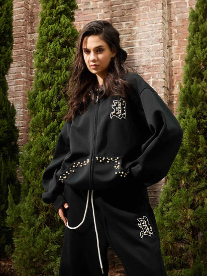 Cotton Blend Embroidered Pearl Detail Track Jacket with Zip Front and Hood 