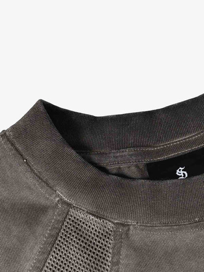 Cotton Blend Oversized Mesh Panel T-Shirt with Crew Neck 