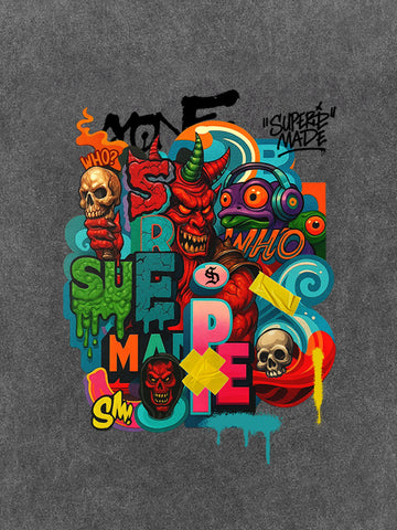 Trendy Multicolor Graffiti Skull Graphic T-Shirt 