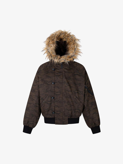 Camouflage Print Detachable Fur Hood Bomber Jacket 