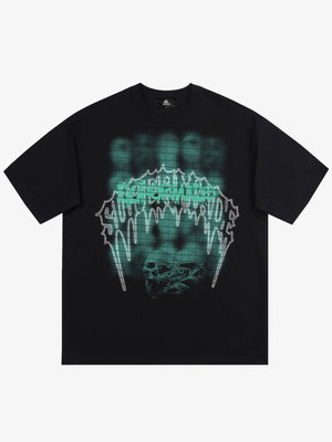 THE SUPERMADE Dark Grid Skull Graphic T-Shirt with Neon Drip Design 