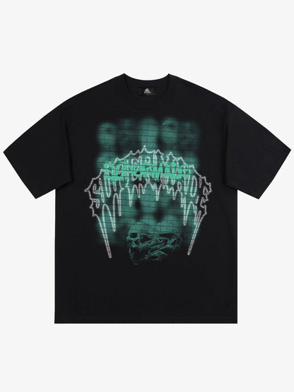 THE SUPERMADE Dark Grid Skull Graphic T-Shirt with Neon Drip Design 