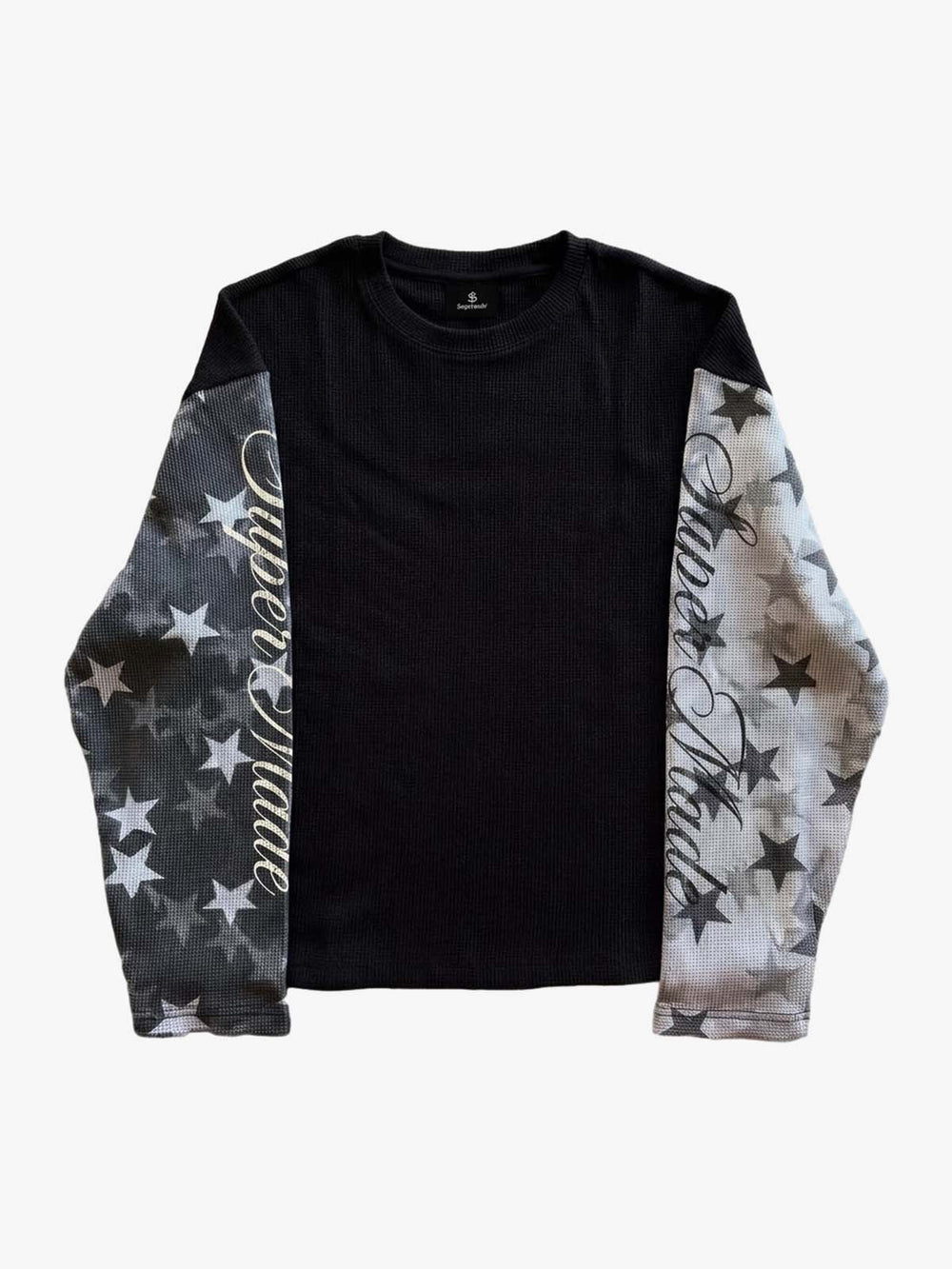 カモスタープリントパッチワークワッフルボクシー長袖Tシャツ