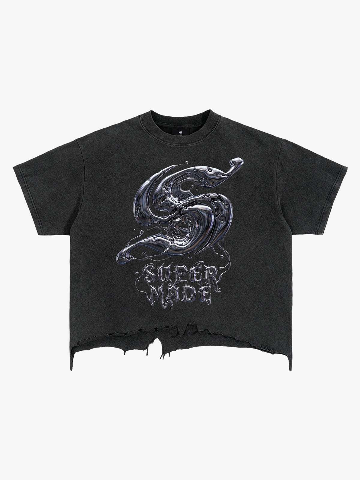 Gothic Liquid Metal Ripped Washed T-Shirt 