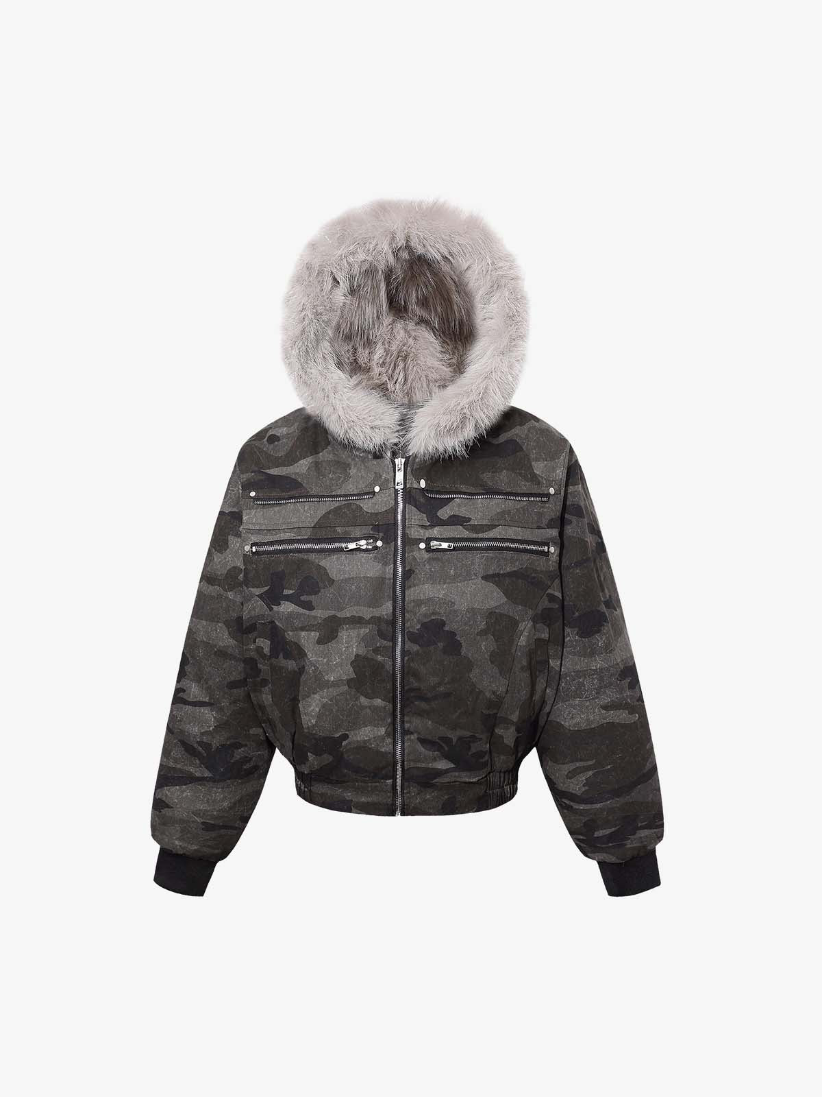 Vintage Camo Faux Fur Hood Padded Bomber Jacket 