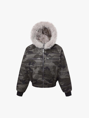Vintage Camo Faux Fur Hood Padded Bomber Jacket 