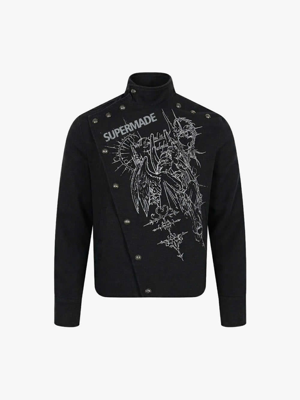 Asymmetric Button-Front Letter Graphic Jacket