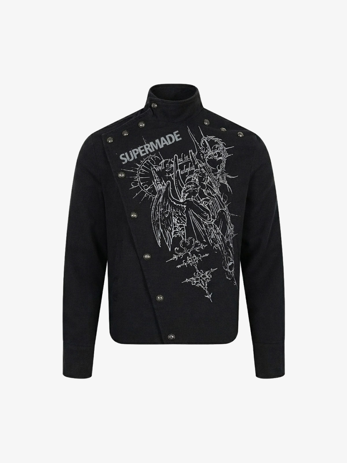 Asymmetric Button-Front Letter Graphic Jacket