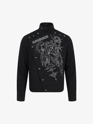 Asymmetric Button-Front Letter Graphic Jacket