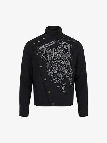 Asymmetric Button-Front Letter Graphic Jacket