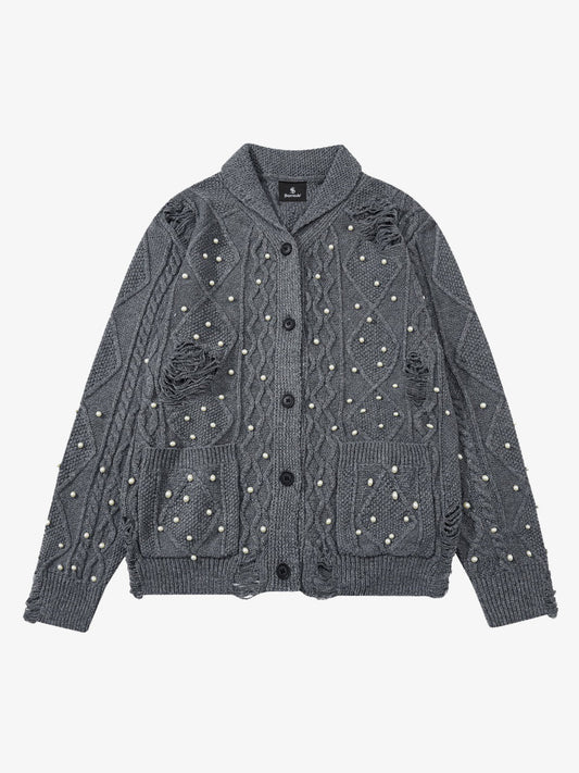 Retro Beaded Crochet Distressed Knit Cardigan 
