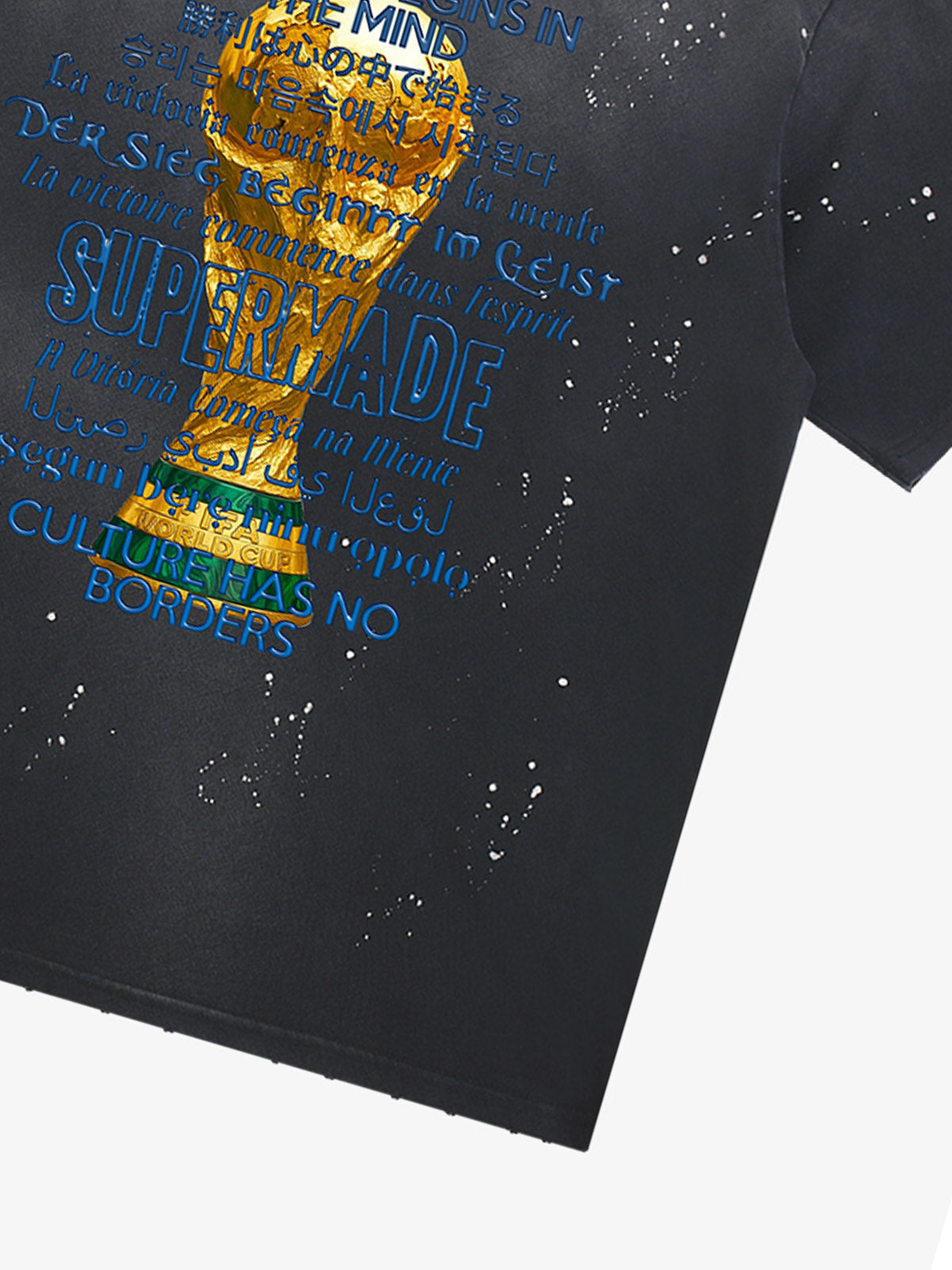 Heavy Wash Splash Ink Loose Edition Short Sleeve T-Shirt with "FIFA" World Cup Motif printed with the "FIFA" motto and multilingual design motif 