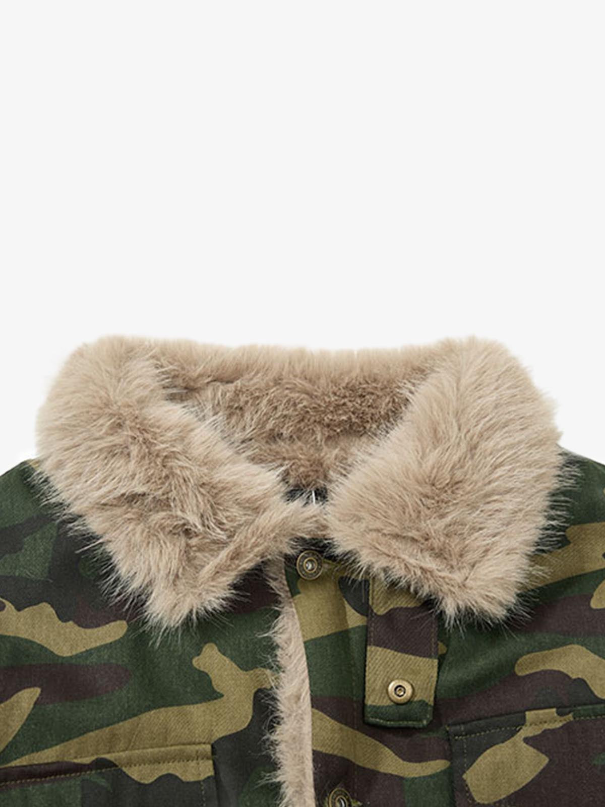 Camouflage Faux Fur Collar Multi-Pocket Utility Jacket 