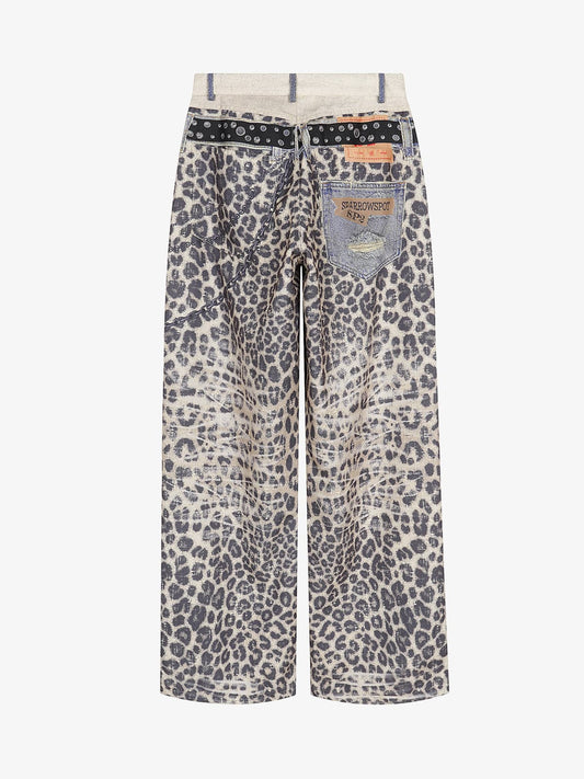 Vintage Leopard 3D Print Double Waistband Washed Jeans 
