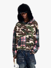 Camo Plaid Patchwork Zip-Up Hoodie