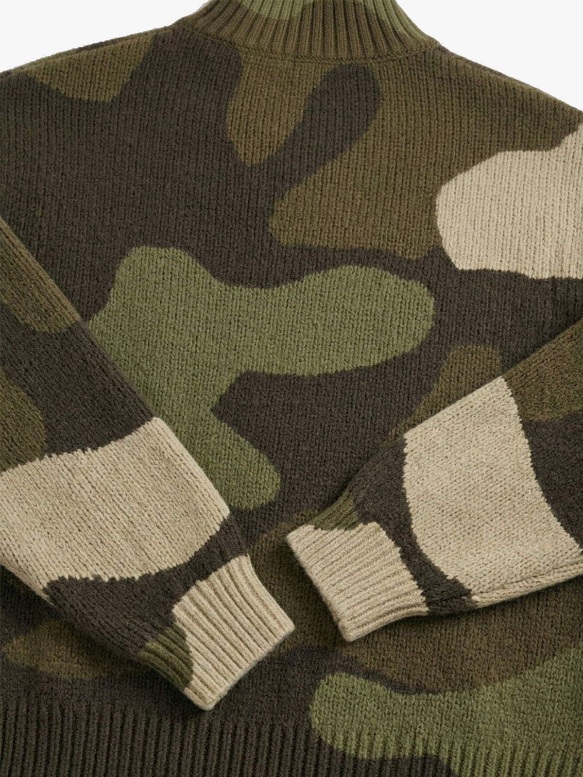 Camo Pattern Jacquard Knit Full-Zip Stand Collar Sweater