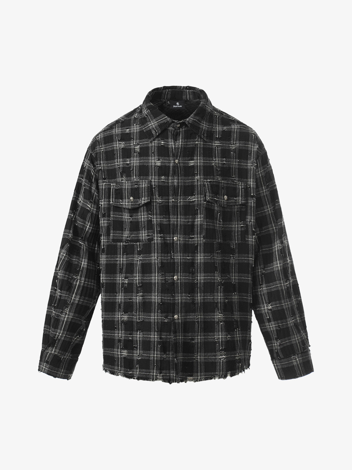 Ripped Plaid Cotton Long Sleeve Shirt for Men - Distressed Checkered Button-Up Casual overshirt 