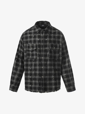 Ripped Plaid Cotton Long Sleeve Shirt for Men - Distressed Checkered Button-Up Casual overshirt 