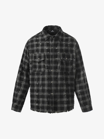 Ripped Plaid Cotton Long Sleeve Shirt for Men - Distressed Checkered Button-Up Casual overshirt 