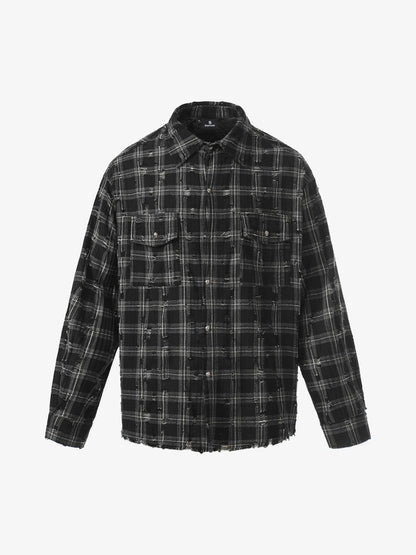 Ripped Plaid Cotton Long Sleeve Shirt for Men - Distressed Checkered Button-Up Casual overshirt 