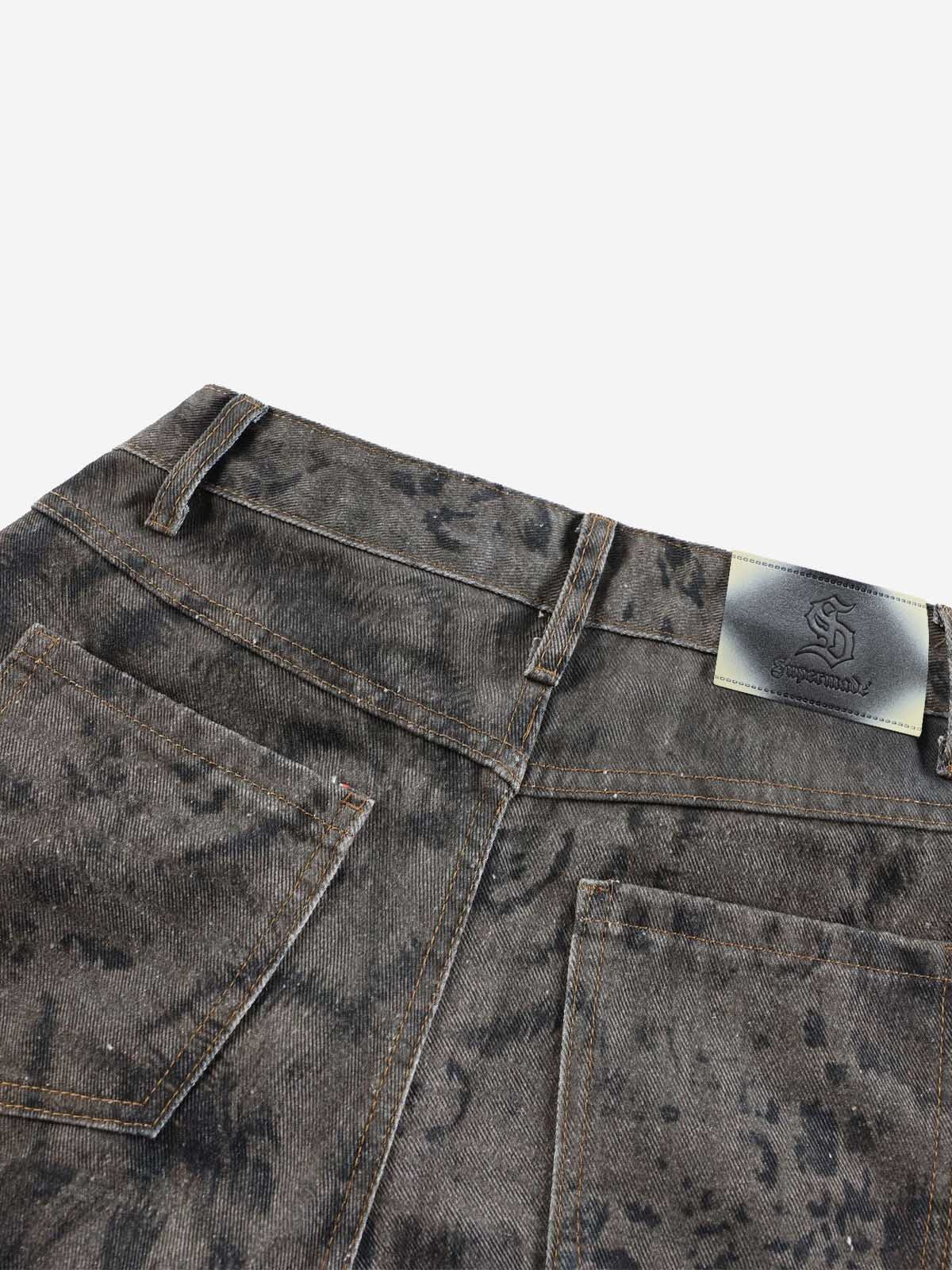 Leopard Patchwork Double-Button Curved-Leg Jeans