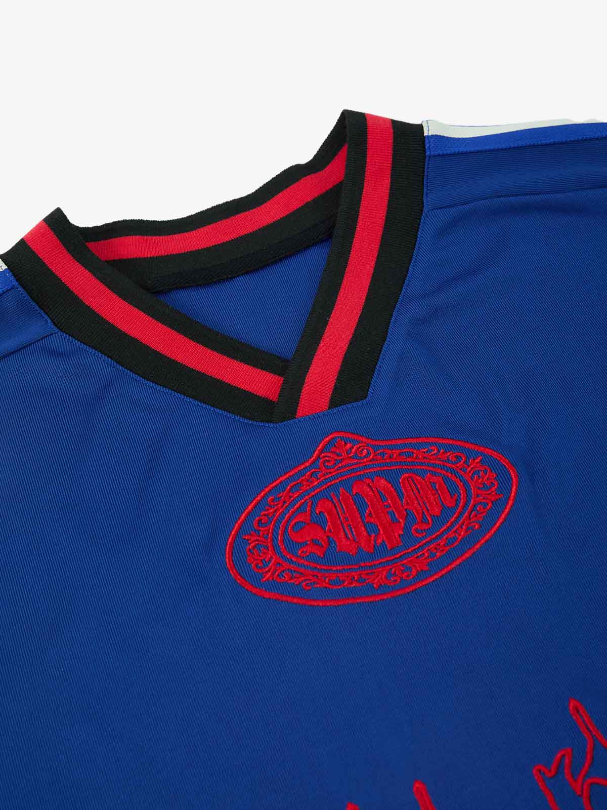 Supermade Color-Blocked V-Neck Embroidered Jersey Short-Sleeved 