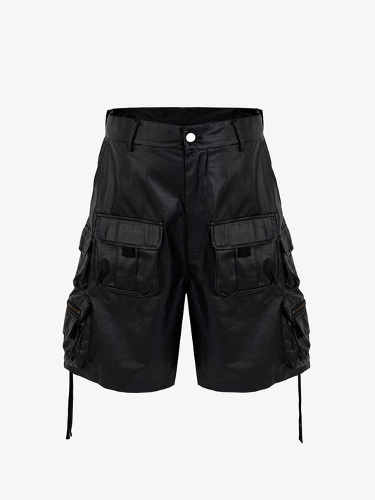 Drawstring Faux Leather Cargo Shorts