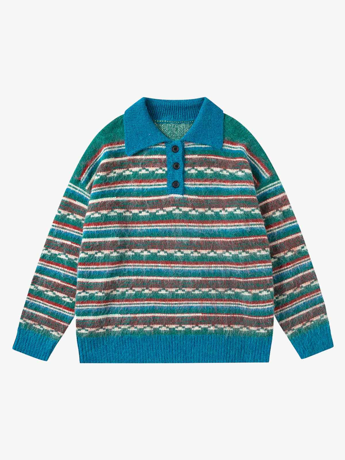 Vintage Striped Jacquard Polo Knit Sweater 