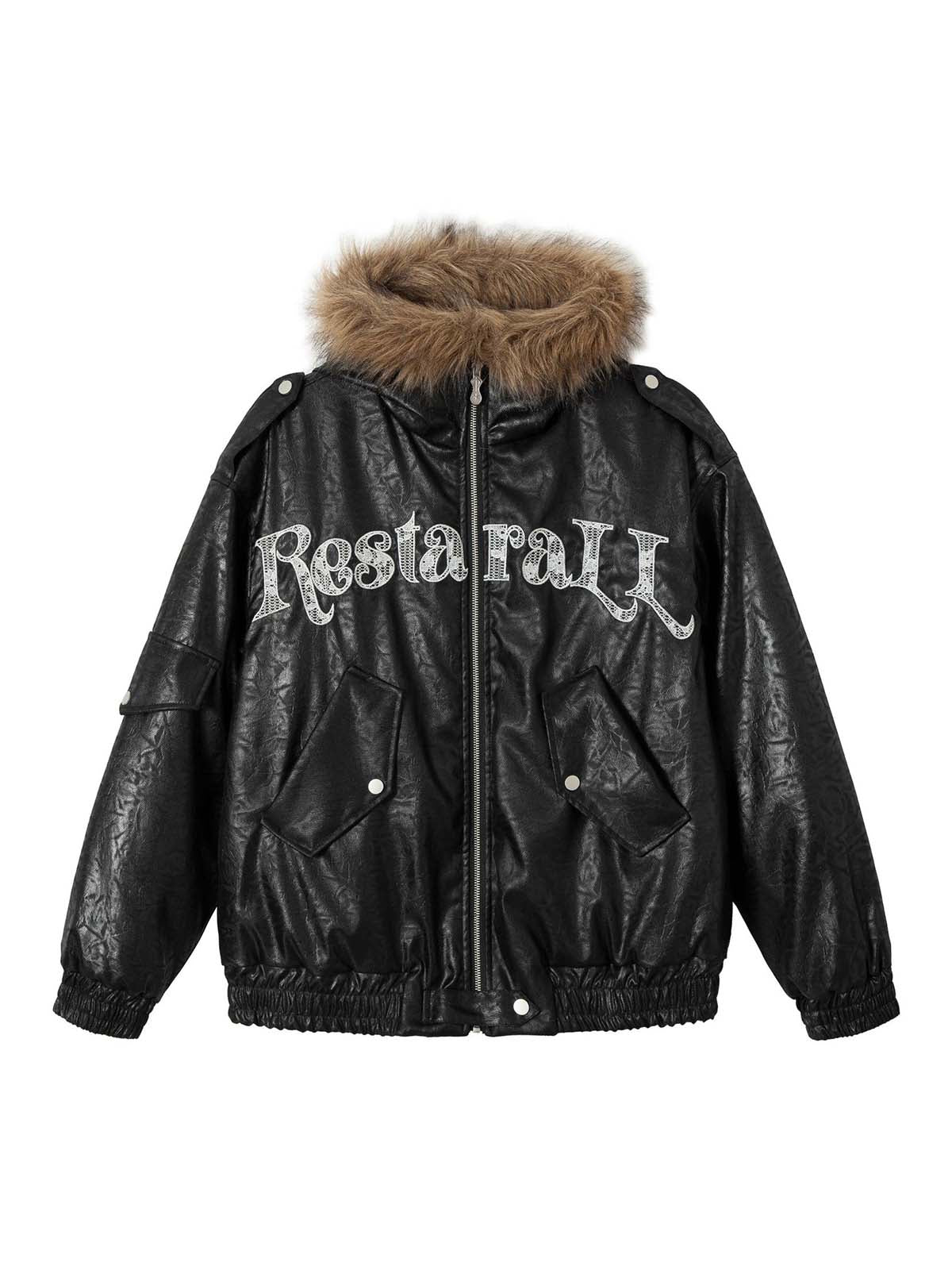 Lace Lettering Fur Hooded Leather Quited Jacket 