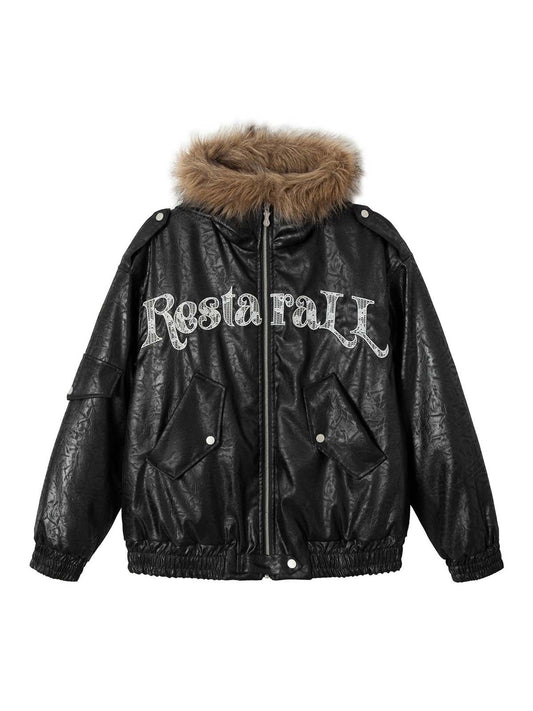 Lace Lettering Fur Hooded Leather Quited Jacket 