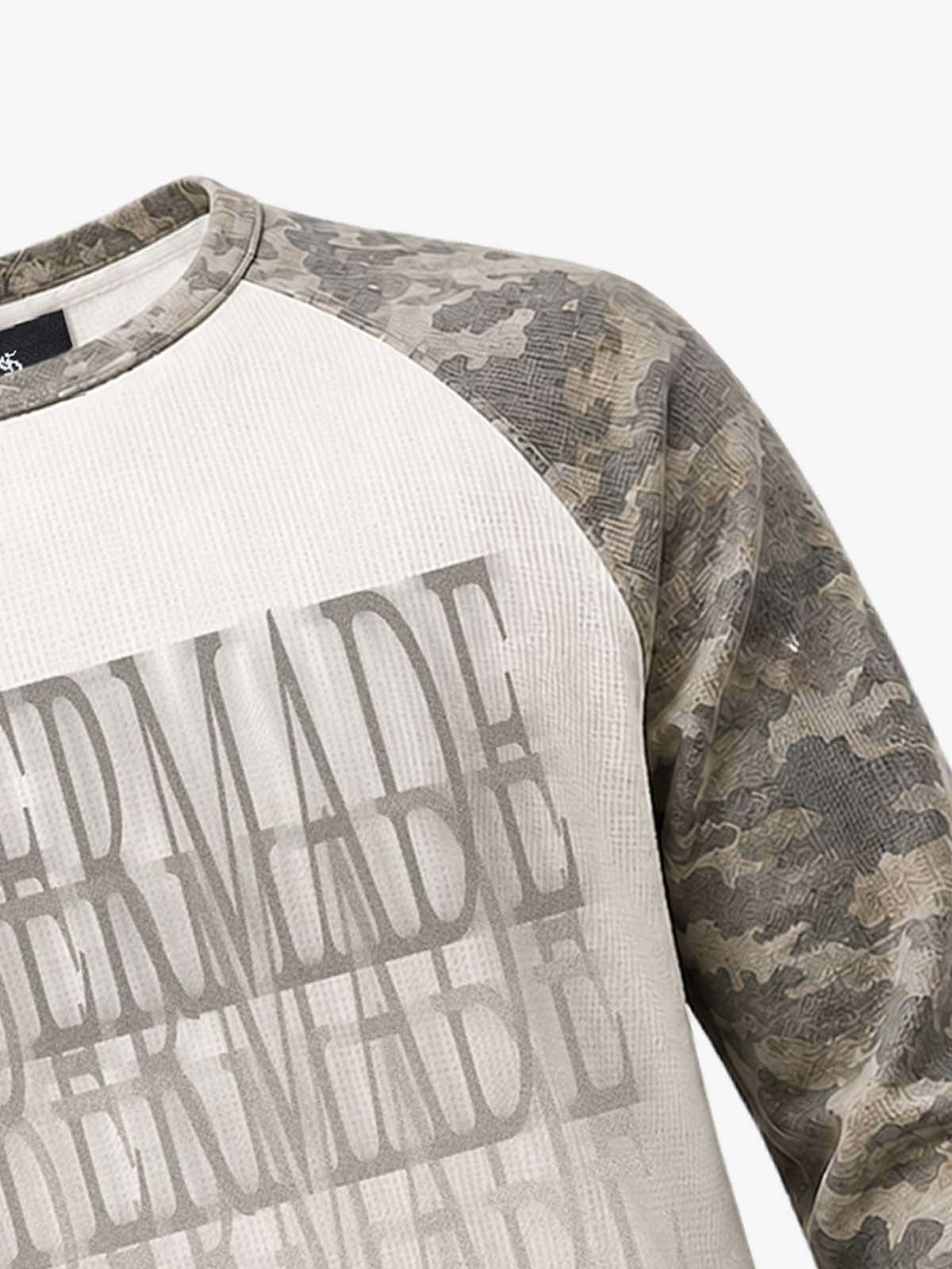 Waffle Knit Camo Raglan T-Shirt with Graphic Print