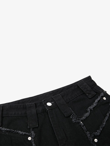 Deconstructed Zipper-Spliced Whiskered Raw-Hem Jeans