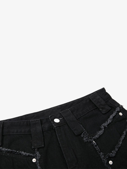 Deconstructed Zipper-Spliced Whiskered Raw-Hem Jeans