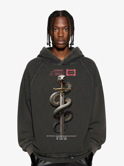 Oversized Snake Graphic Hoodie with Bold Print Design 