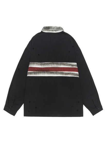 Dirty-Dye Embroidered Long Sleeve Polo Shirt 