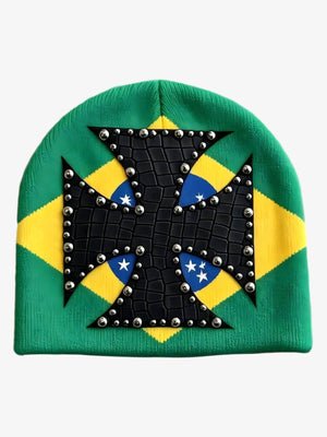Color Block Studded Cross Gothic Dome Knit Hat