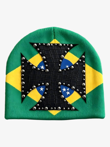 Color Block Studded Cross Gothic Dome Knit Hat