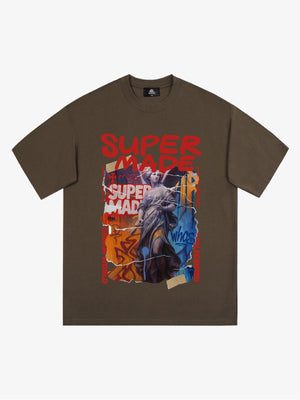 Cotton Blend SUPERMADE Sculpture Sraffiti Sticker Pattern T-Shirt 