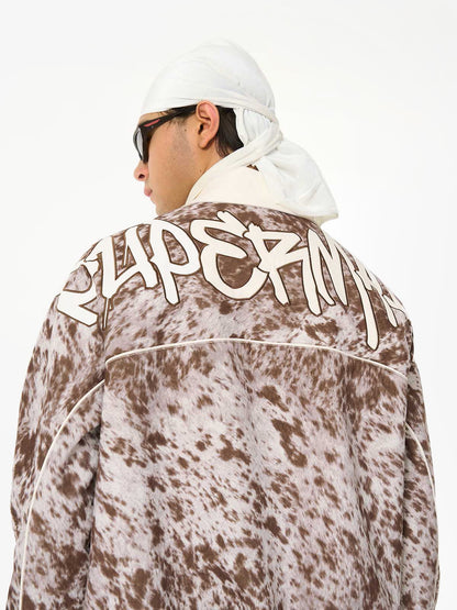 “Born to Make History” Slogan Embroidered Snow Leopard Fleece Jacket 