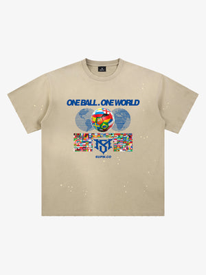Unisex distressed loose-fitting cotton short-sleeved T-shirts featuring a "One ball, one world" slogan print and an ink-splatter wash finish. 